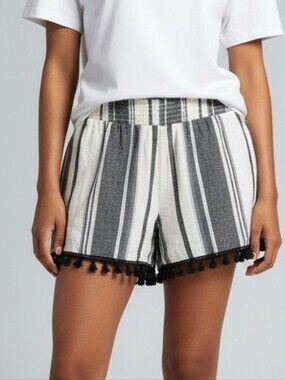Striped Black & White Tassel Hem Women's Shorts